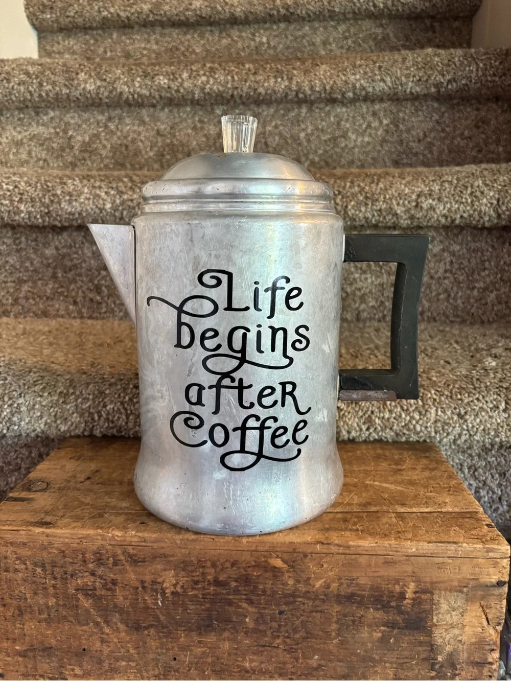 Silver Coffee Percolator with 'Life Begins After Coffee' Script